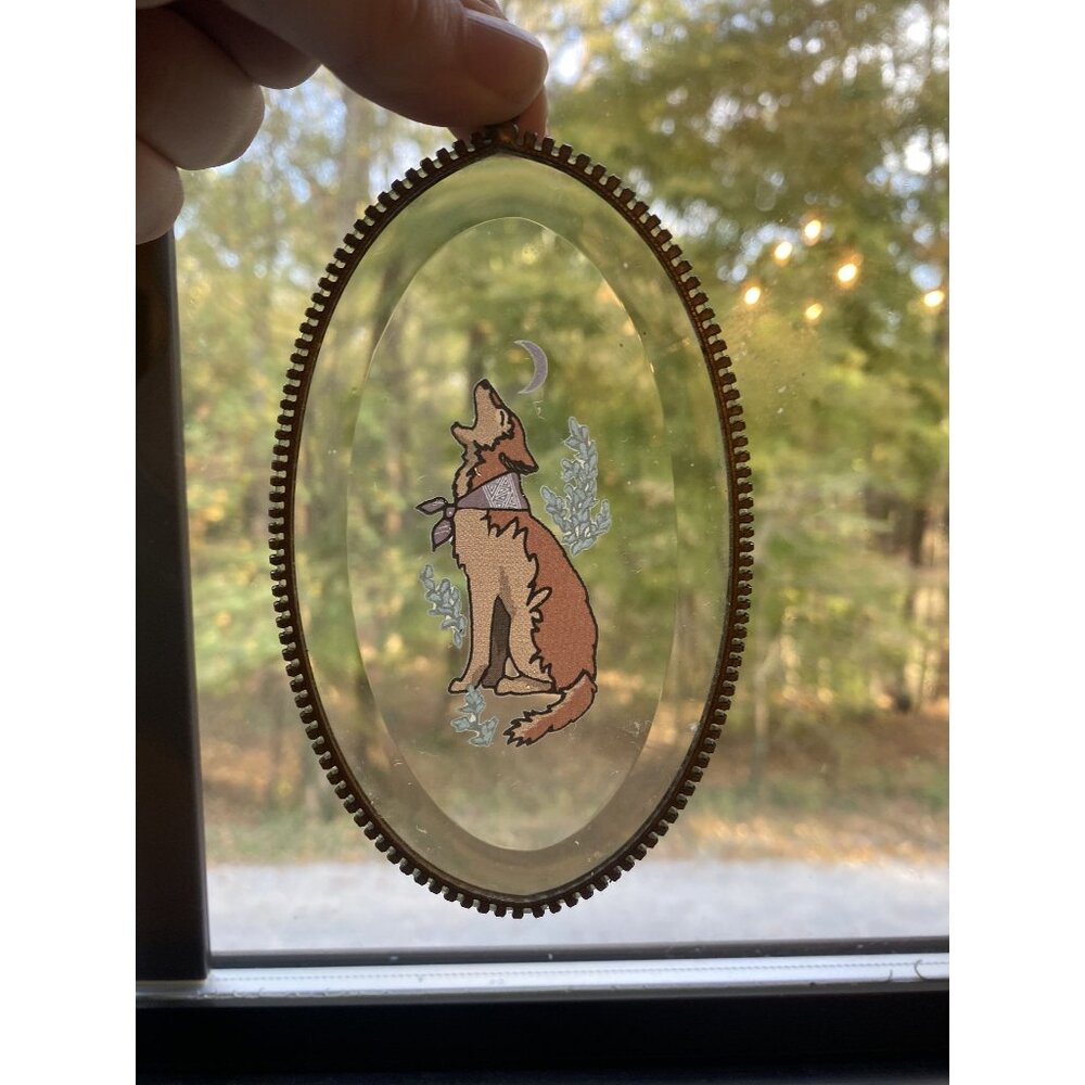 Howling Wolf Oval Glass Suncatcher With Brass Frame & Botanical Design